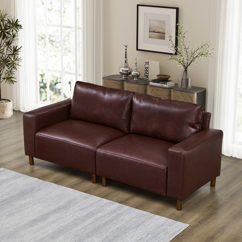 Burgundy 2-Seater PU Leather Sofa, Breathable Loveseat, Assembly Required