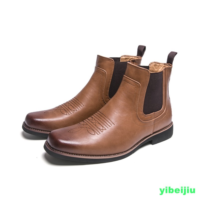 Men's Western Cowboy Ankle Boots Chelsea Leather Shoes Square Toe Brogues Gothic