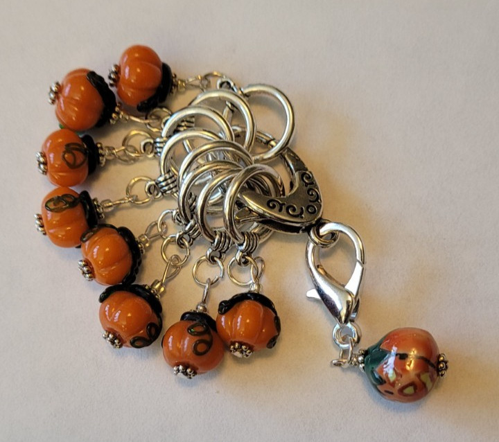 Handmade Knitting Stitch Markers (set of 9) Ceramic Pumpkin Fall Halloween