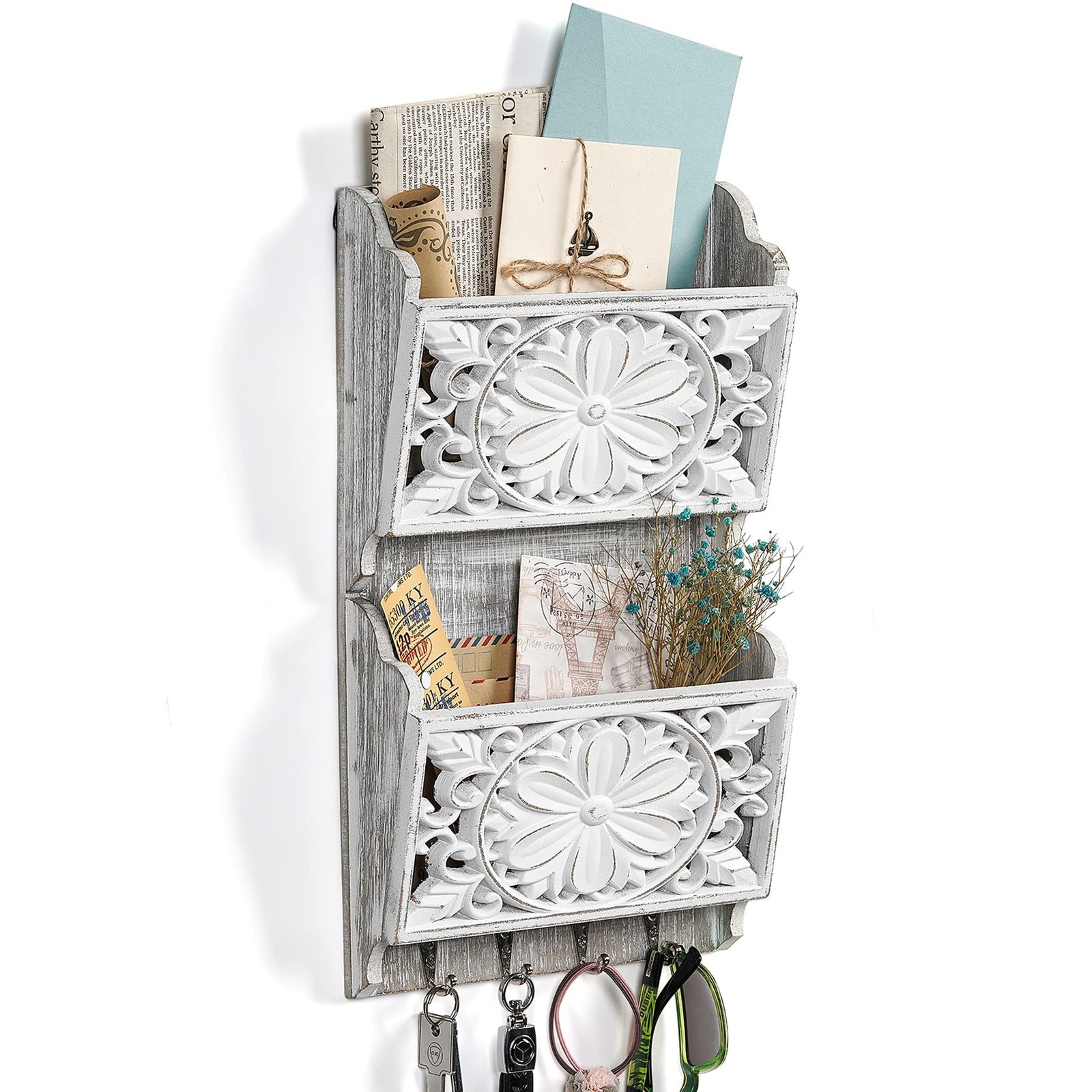 2-Slot Mail Organizer Wall Mount with 4 Hooks, Rustic Key and Mail Holder for...