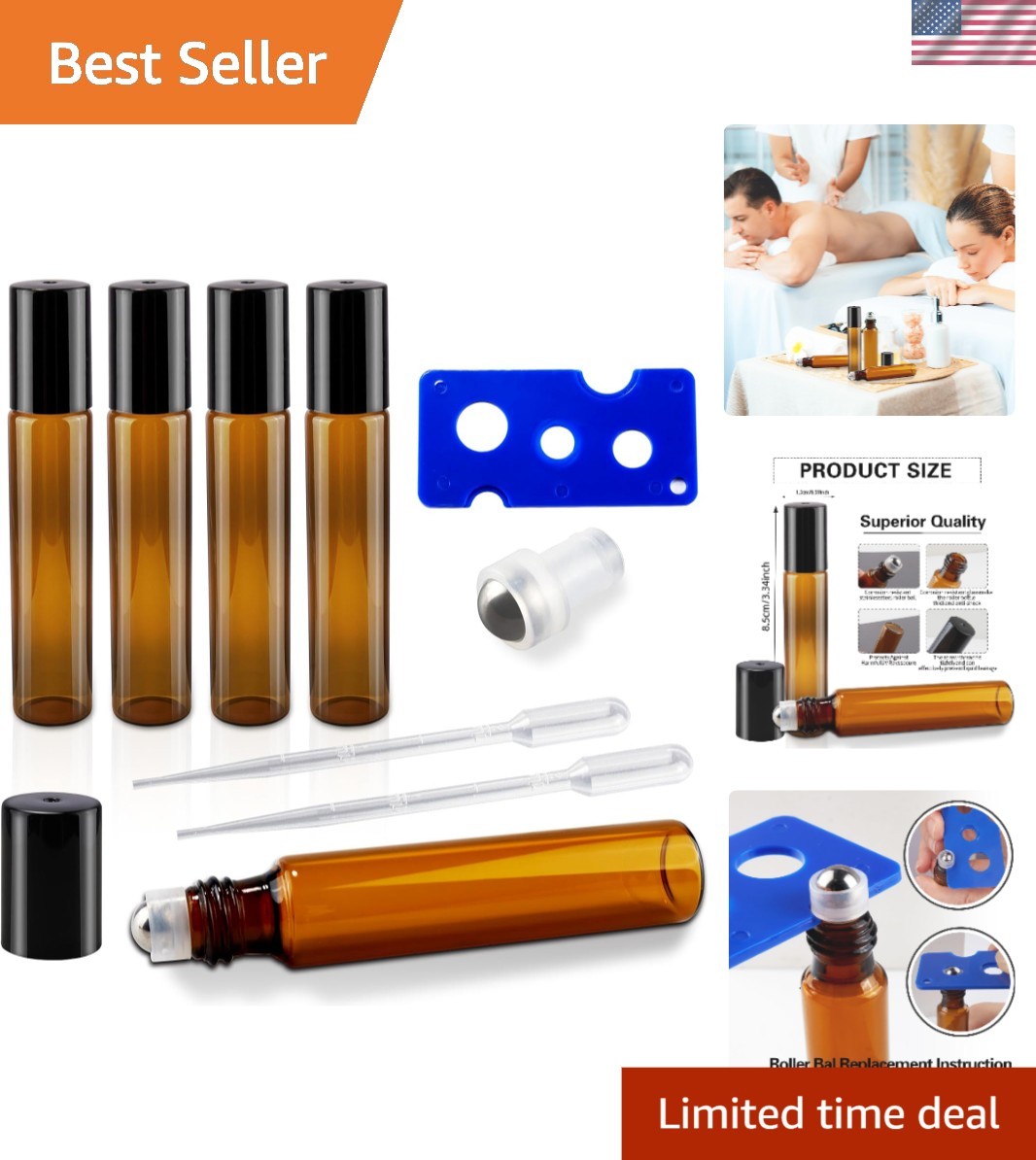 10ml Essential Oil Roller Bottles Set - 5 Amber Glass Leakproof Bottles