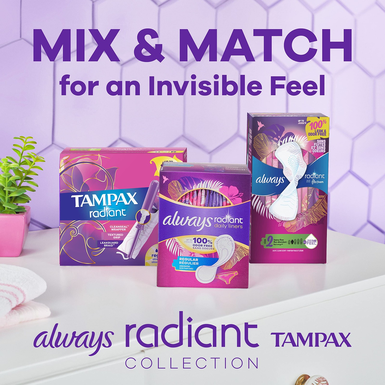 Tampax Radiant Tampons Multipack, with LeakGuard Braid, Regular/Super