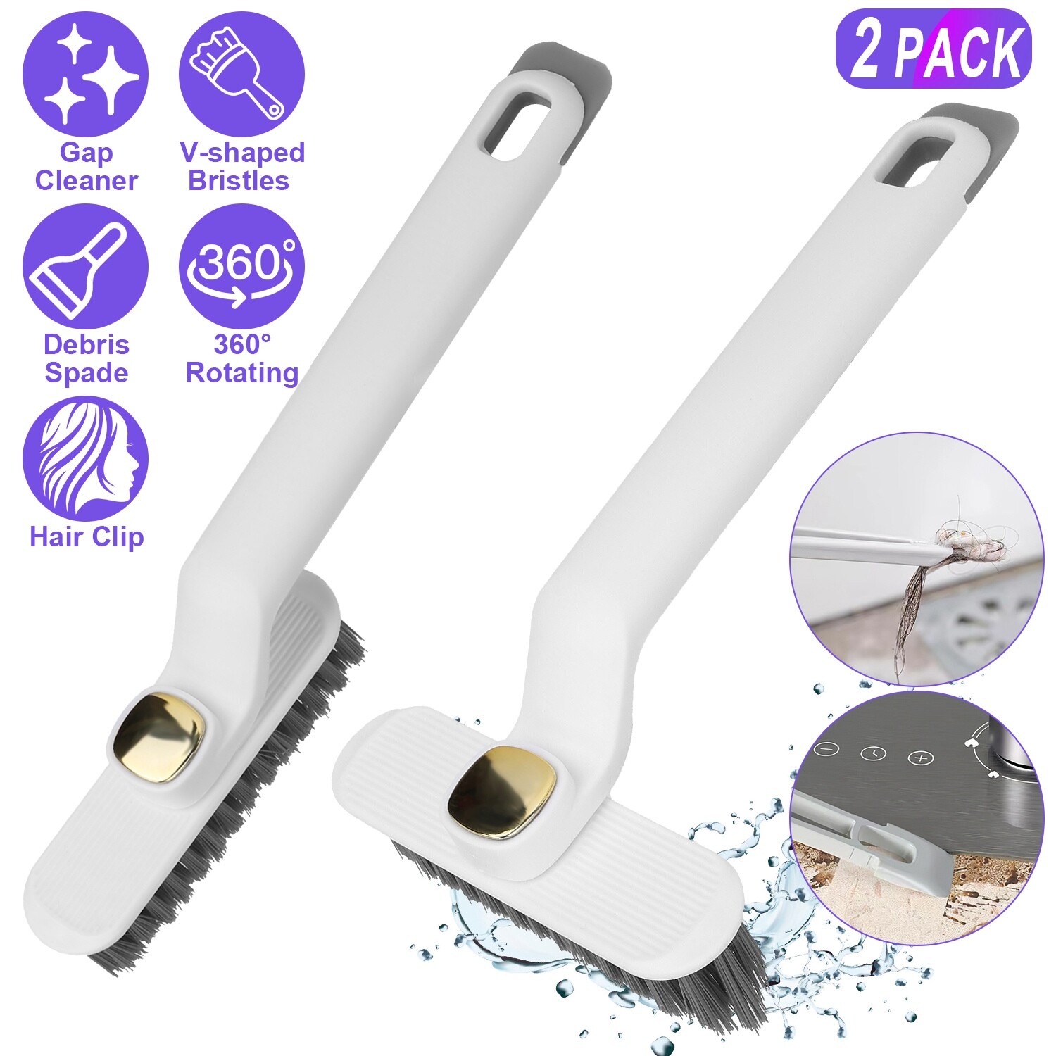 2PCS Multi-function Rotating Crevice Brush Gap Stiff Bristles Tight Spaces Clean