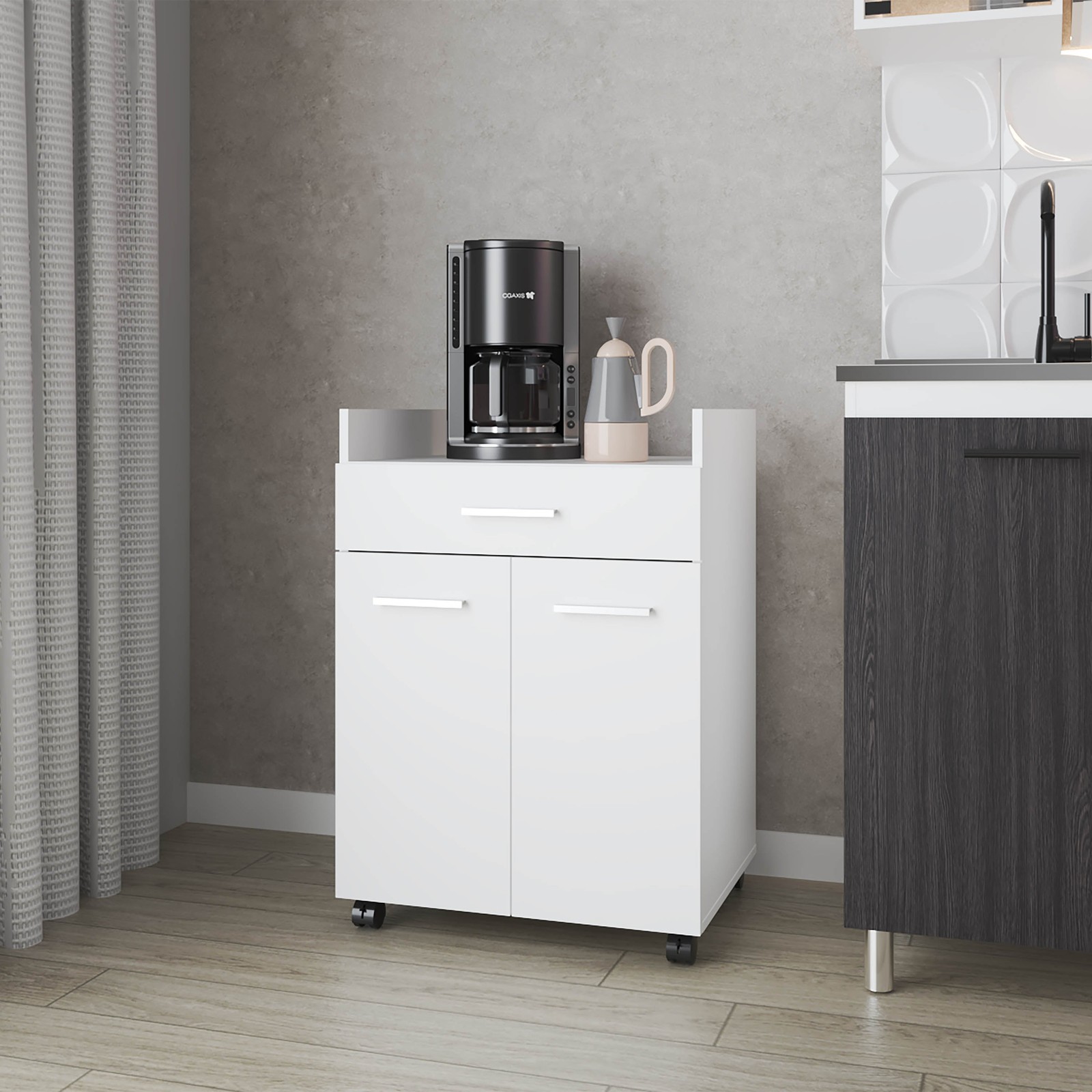 White 2 Door Cabinet with Caster Base, Storage Cabinet with Drawer