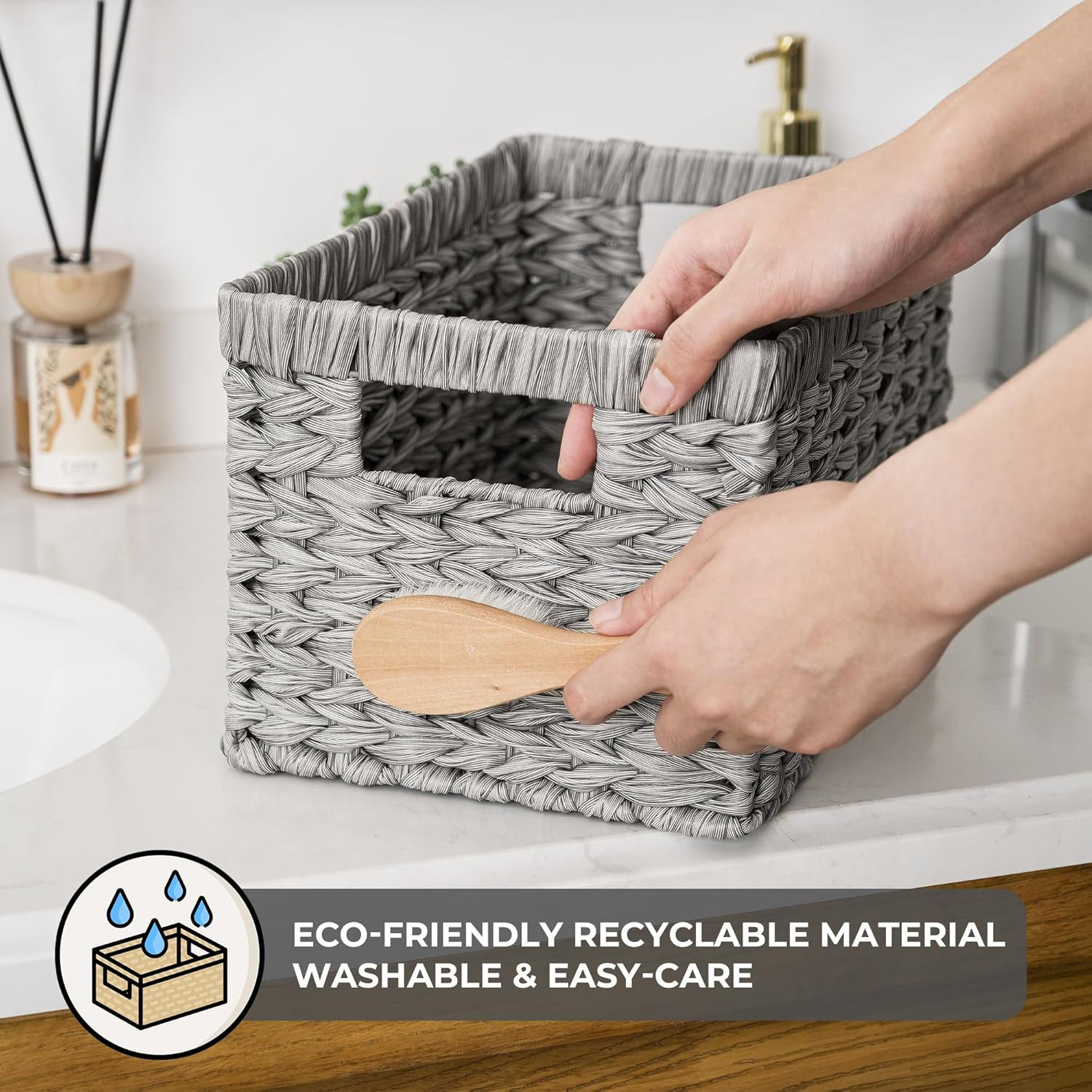 Wicker Baskets with Handles - Gray Storage Baskets (2-Pack) for Organizing Cabin