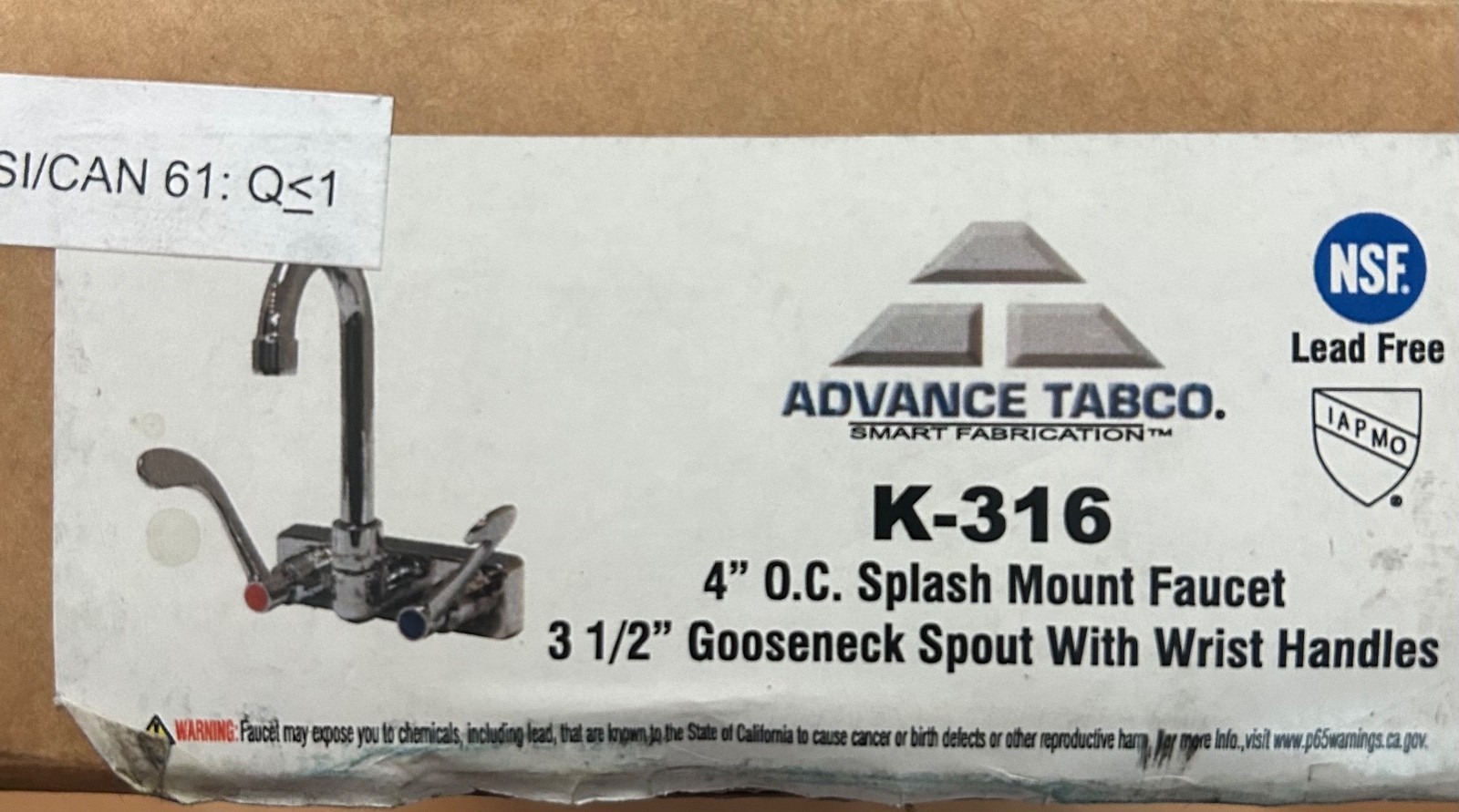 Advance Tabco K-316 Gooseneck Splash Mount Faucet w/ Wrist Handles MISSING NECK