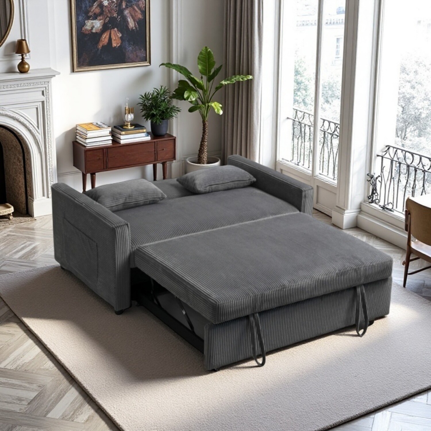 Convertible Sleeper Sofa Bed Loveseat 2 Seater Couch with Pull Out Bed Gray/Blue