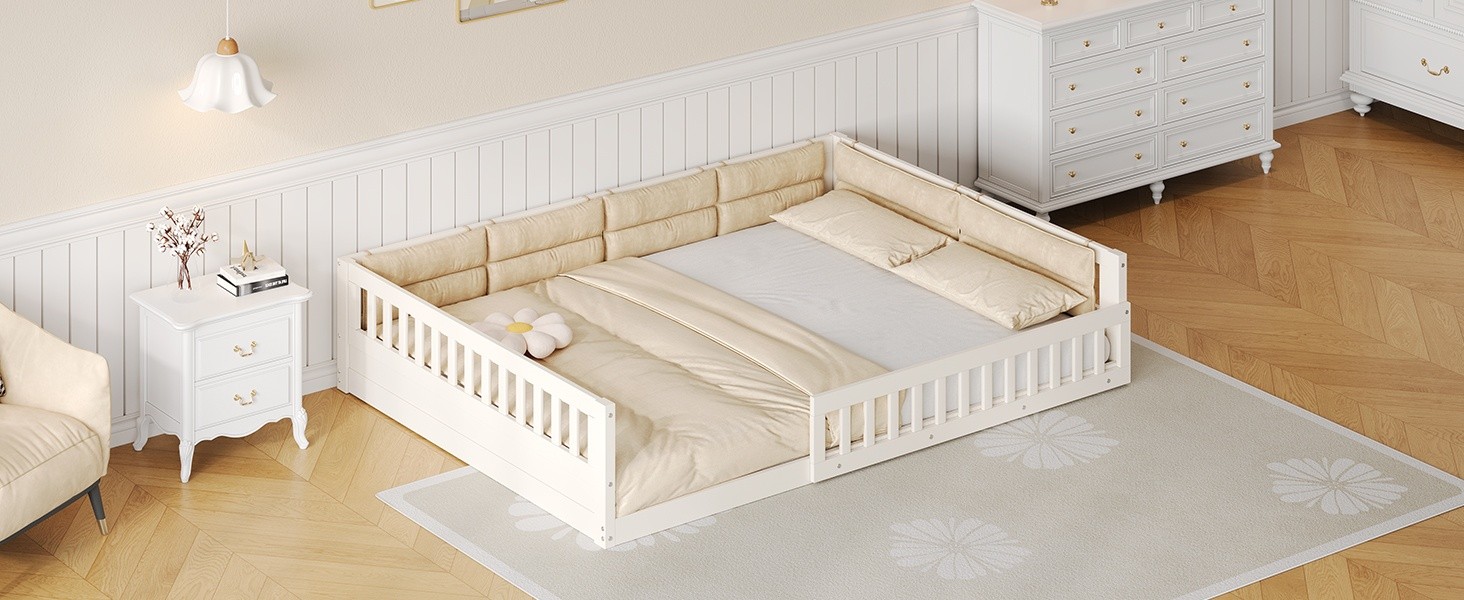 Full Size Upholstered Platform Bed with Guardrail & Pillow, Beige