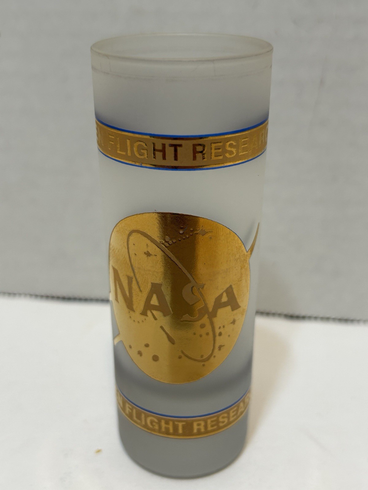 Vintage NASA Frosted Glass Gold Logo Tall Souvenir Shot Glass Novelty 4"