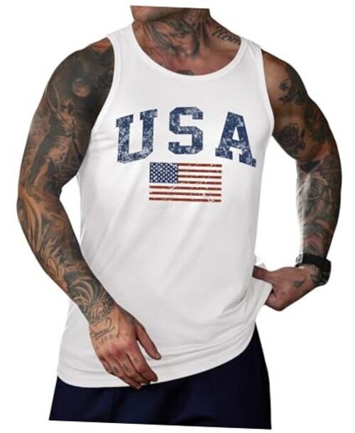Men's American Flag Tank Tops 4th of July Muscle X-Large White - Usa Flag
