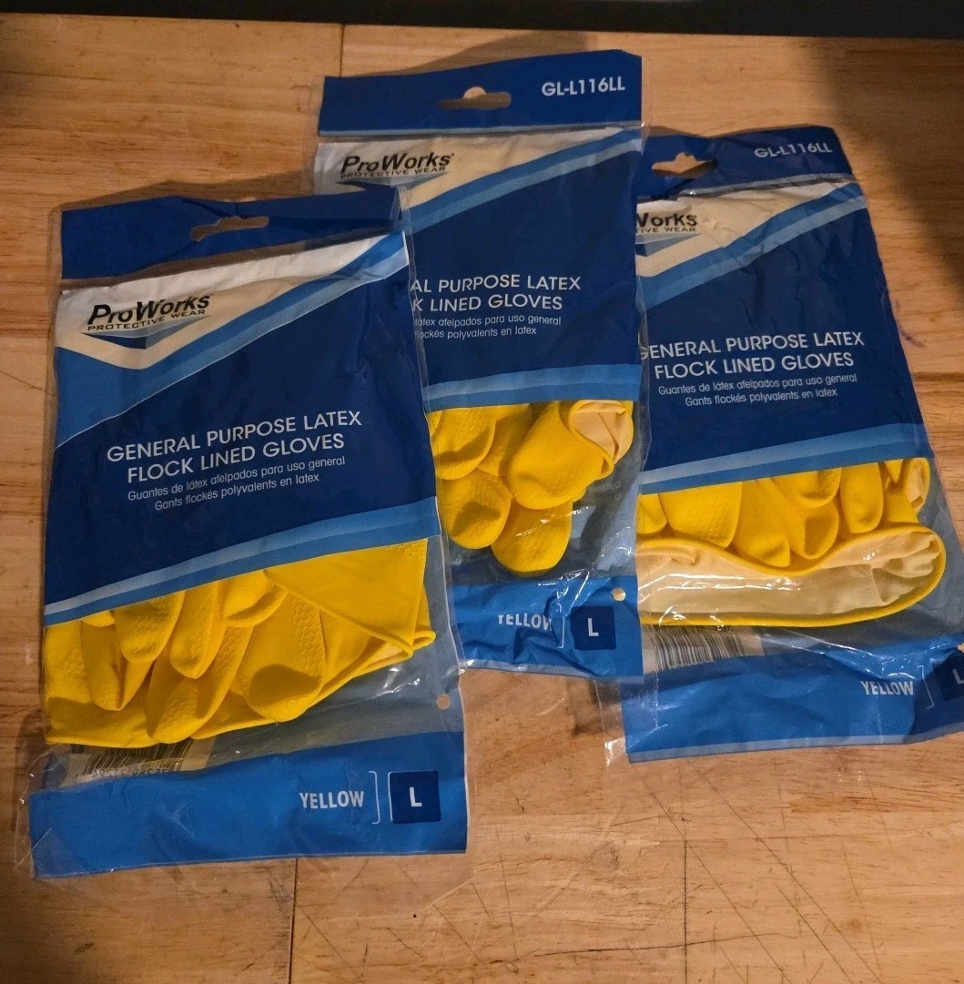 ProWorks GL-L116LL General Purpose Latex Gloves Yellow Large 12" Length 3 Pairs