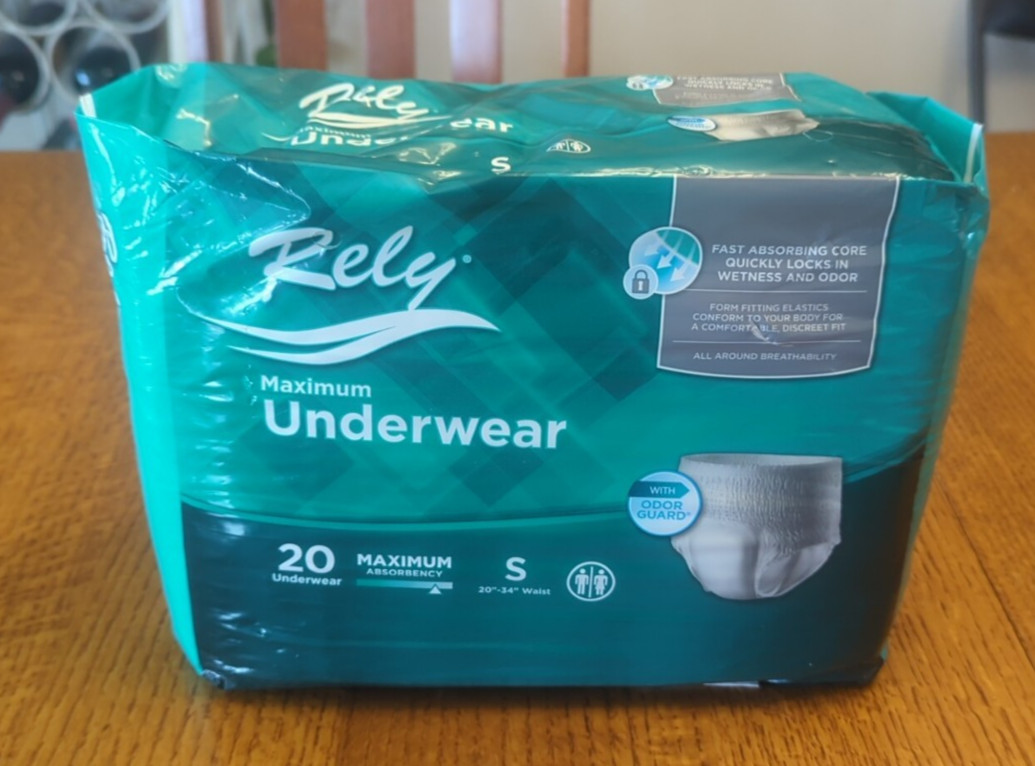 Rely Incontinence Briefs Maximum Underwear 20 Pack Small Size 20" To 34" Waist