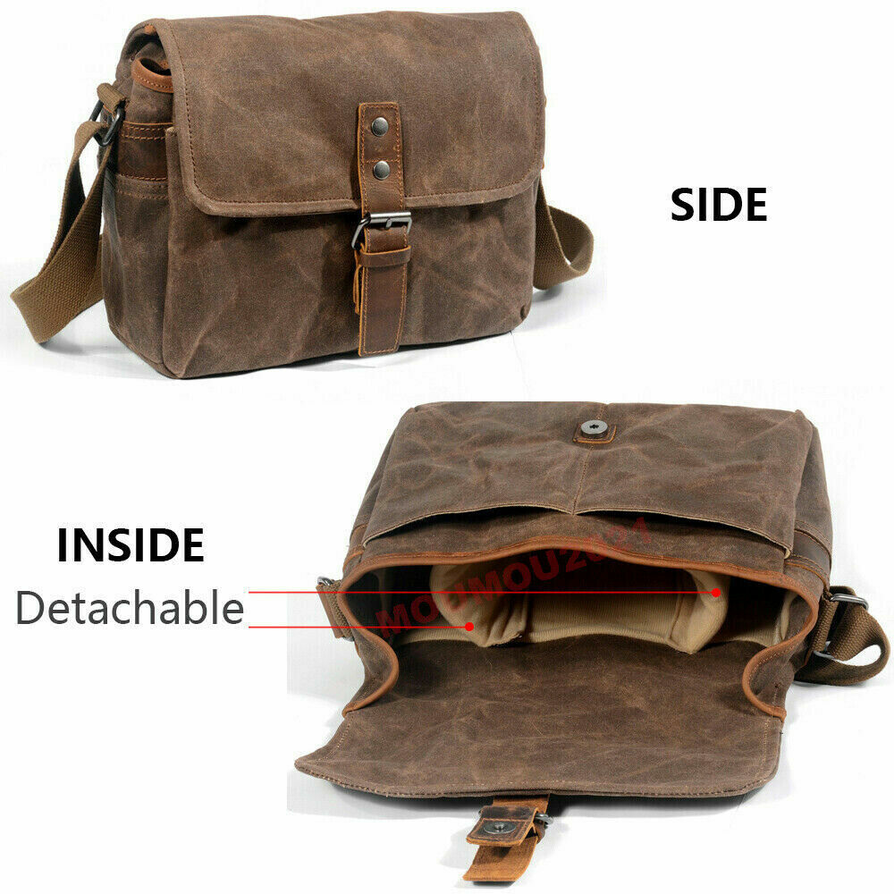Vintage Waterproof Canvas Leather Trim DSLR SLR Shockproof Camera Messenger Bag