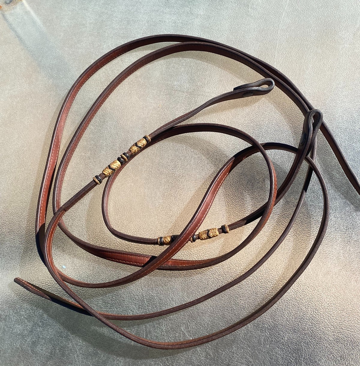 Champion Turf Split Reins - Double Stitch Harness Leather 88" w/ Braided Rawhide