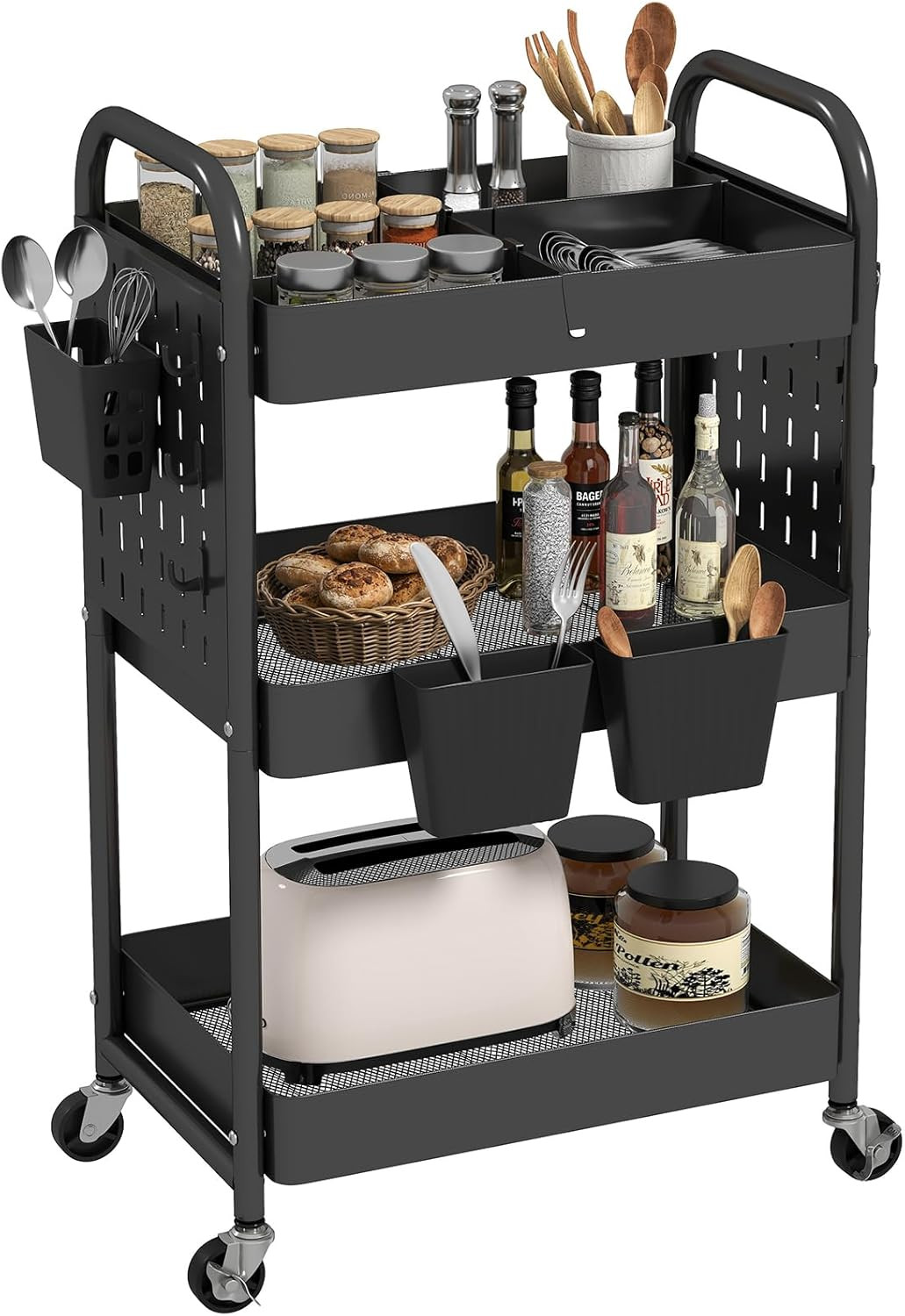 Craft Cart, Black Rolling Cart with Retractable Dividers & DIY Pegboards for Kit