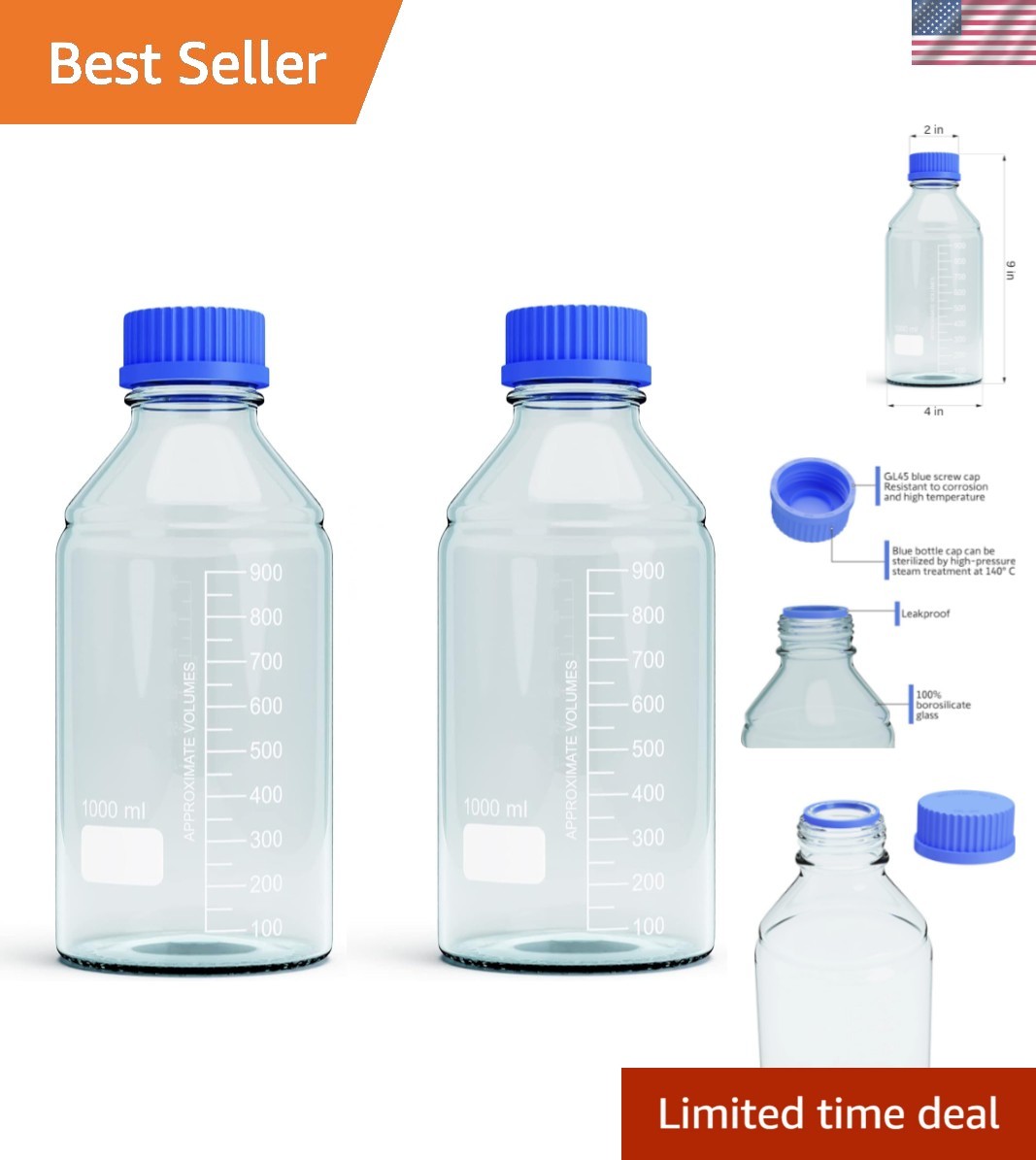 1000ml Storage Glass Bottles – 2pcs Round Media Storage Bottle – Borosilicate...