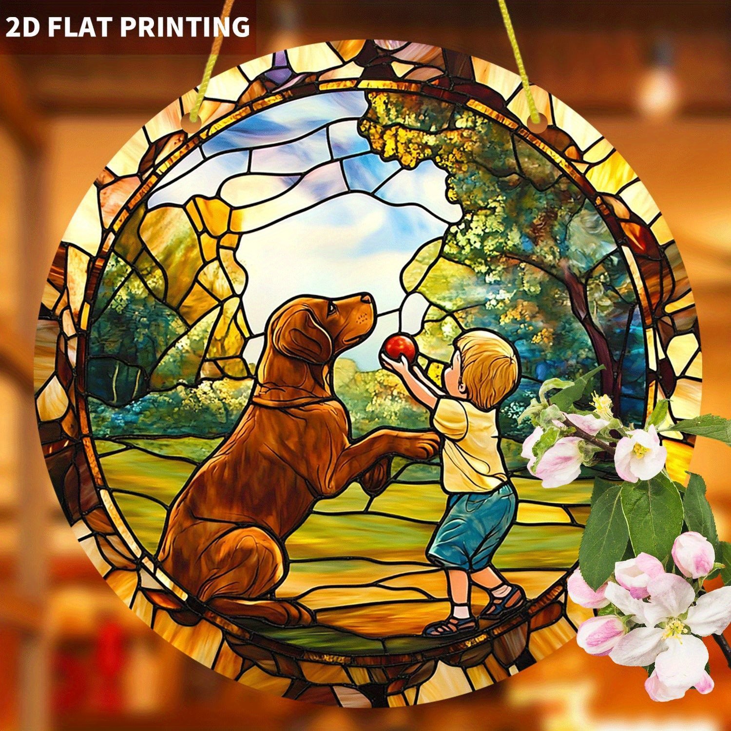 Colorful Kid & Dog Acrylic Suncatcher Heartwarming Themed Wall Art Decoration