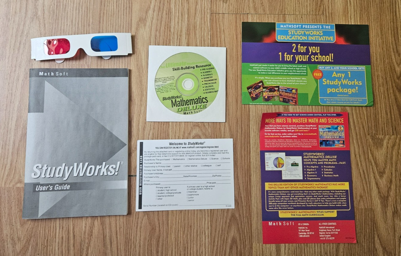 StudyWorks Mathematics Deluxe PC CD-ROM Complete Box Workbook 3D Glasses