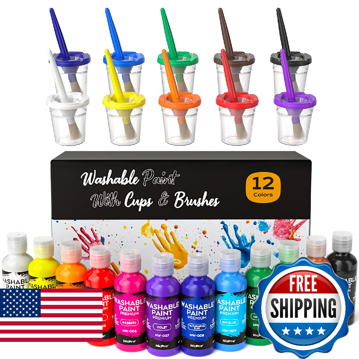 Nicpro 12Colors Washable Paint for Kids(2 oz), Finger Paint Set with Paint Cups