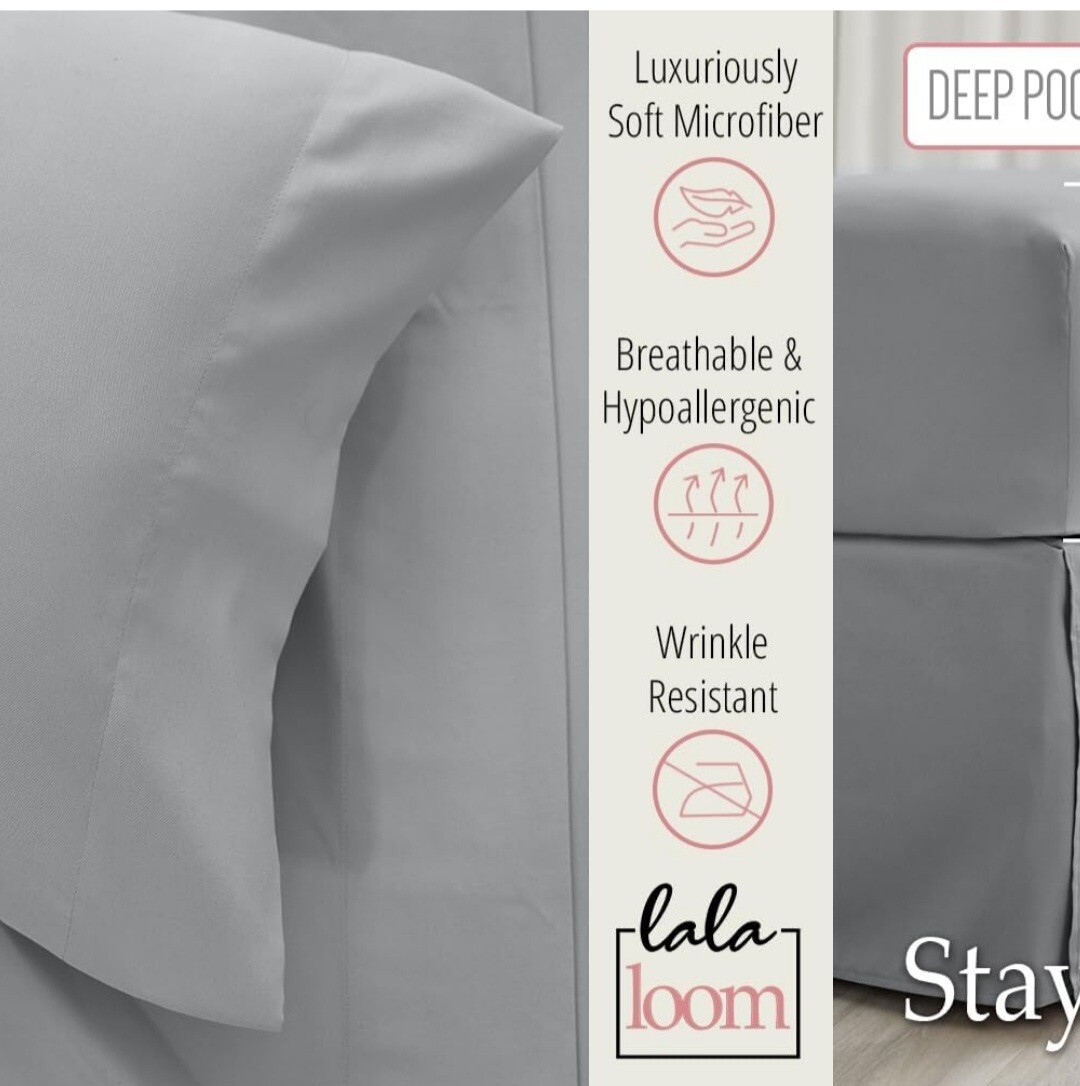 lalaLOOM Twin Bed Sheet Set Soft Microfiber Luxury Bedding Extra Deep Po GRAY