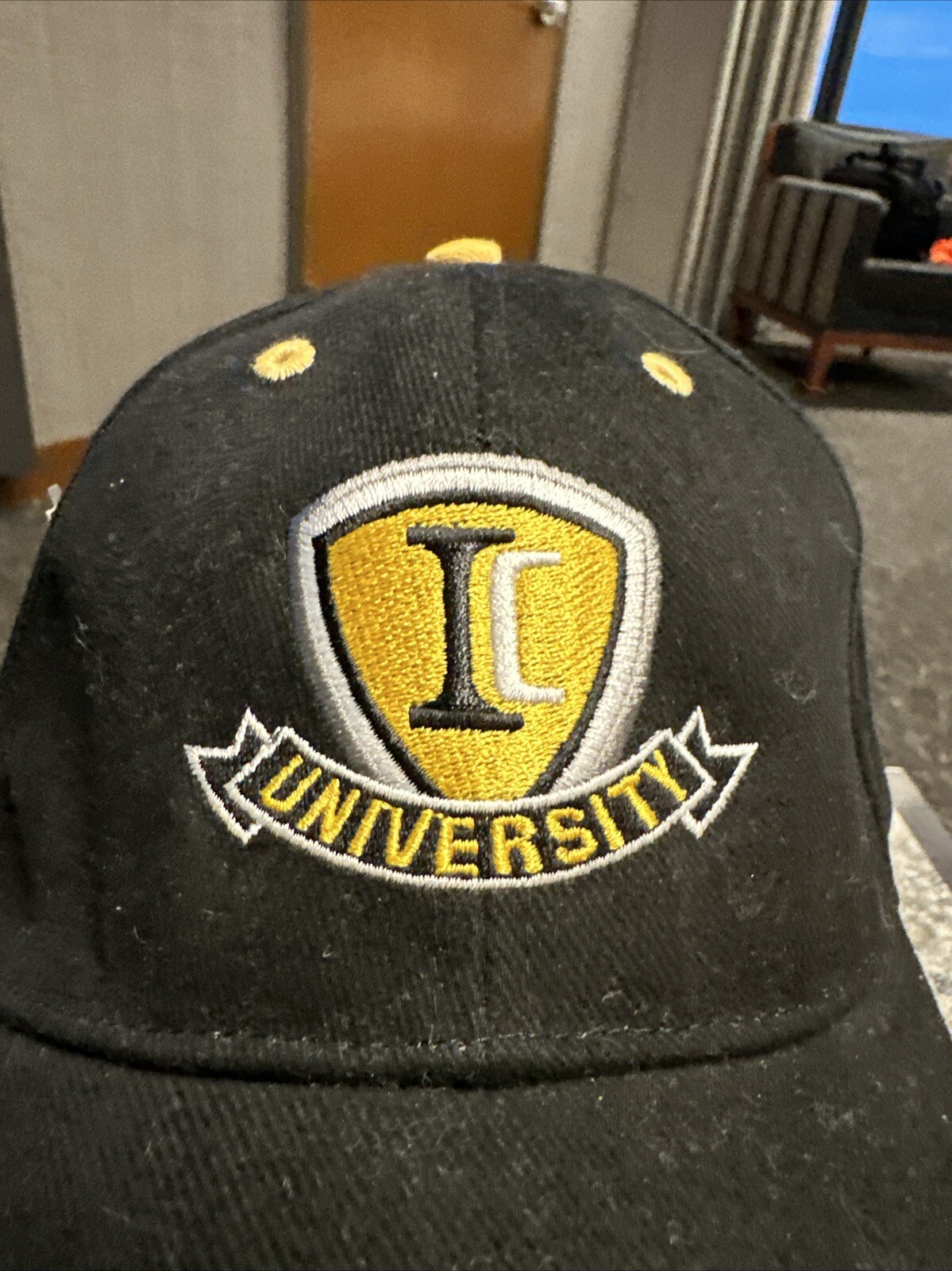 IC University Gold and White and Gray Logo on Black Hat Cap NWT Strap Buckle