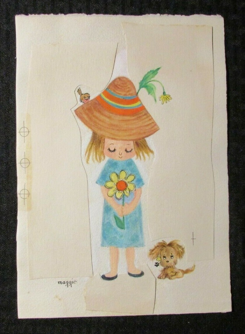 EASTER Girl w/ Sunflower & Puppy 7.5x10.5" Greeting Card Art #8682