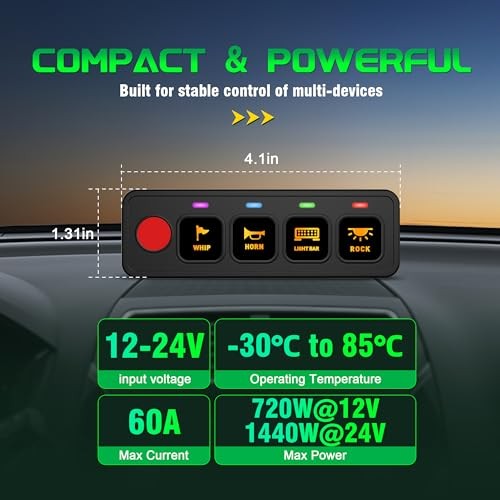 AS40, Circuit Control Power Relay Box, 4 Modes Toggle 4 Gang Switch Panel