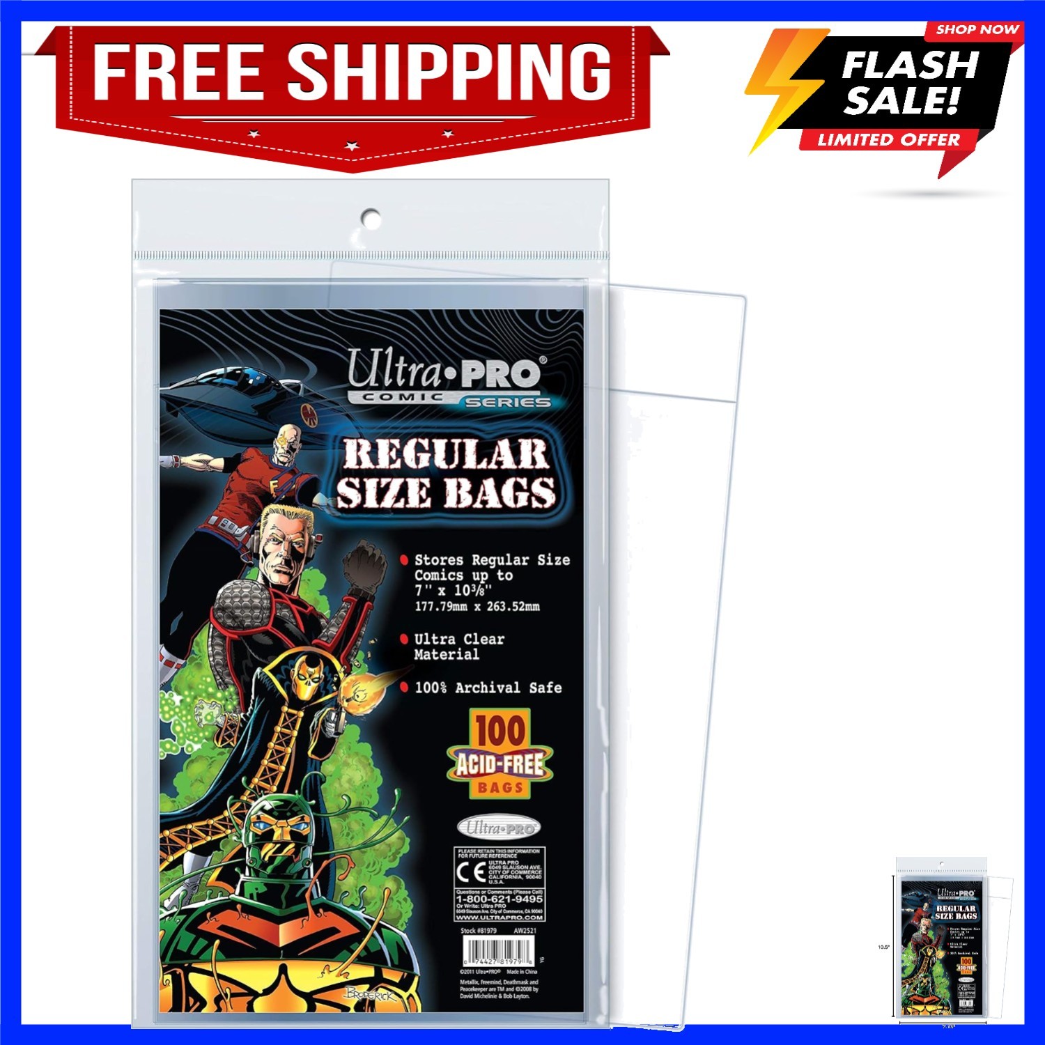 Regular Size 7-1/8 x 10-1/2" Comic Bags 100 Count Pack, Small, Clear