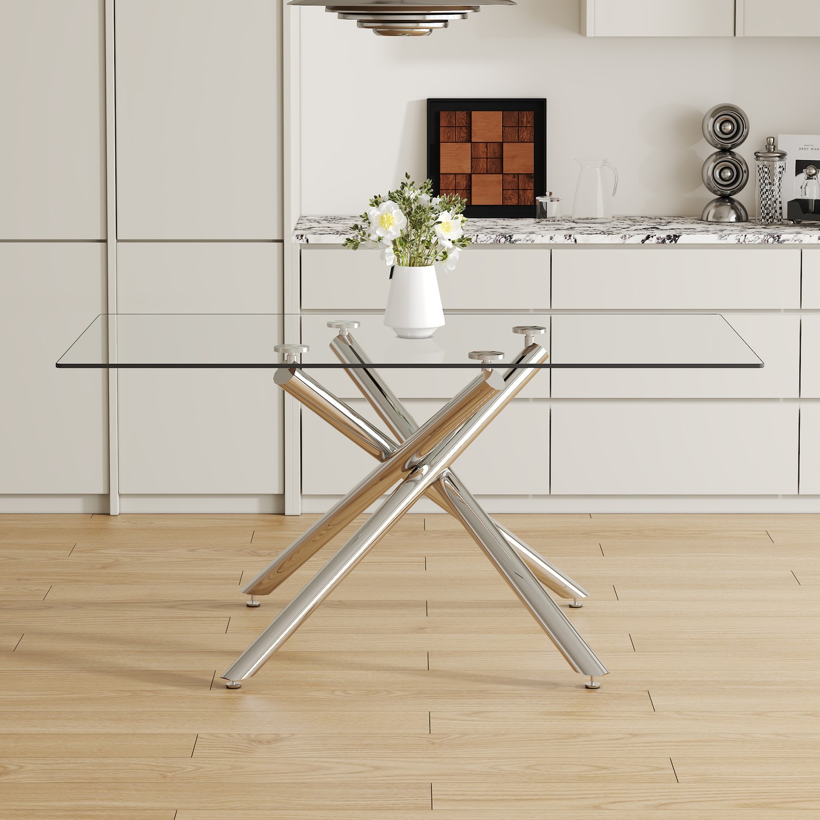 Large Modern Minimalist Rectangular Glass Dining Table with 0.39" Tempered Gla