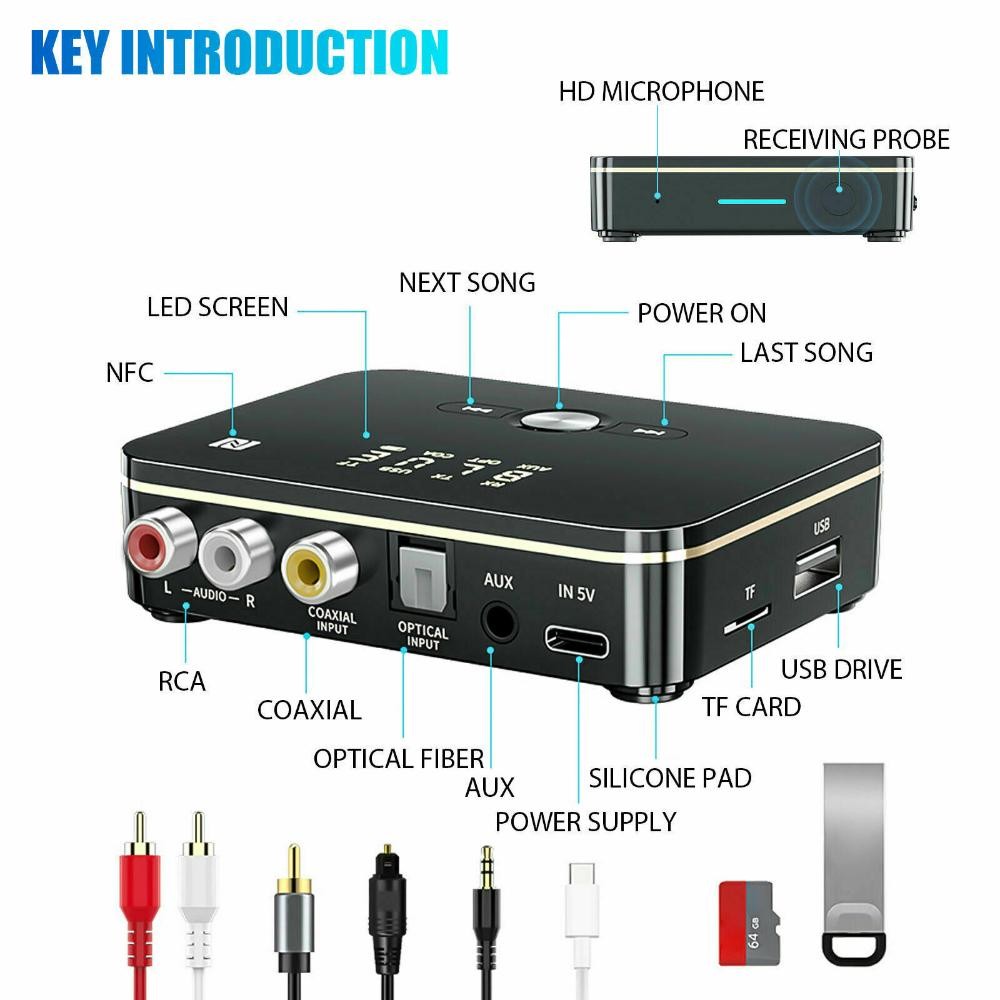 NFC Multi-Function Bluetooth Receiver Wireless 3.5mm AUX to 2RCA Audio Adapter F