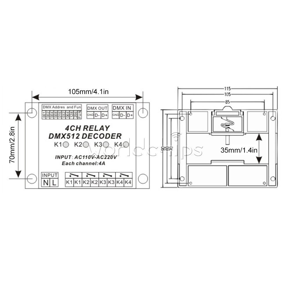 AC110-220V 4Channel DMX512 Relay Switch DMX Relay Controller + Case For Lamp