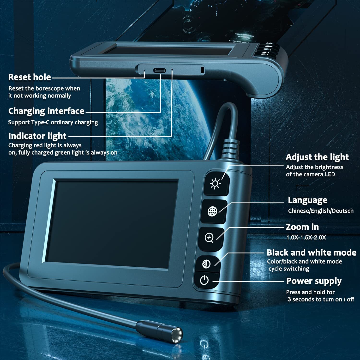 Industrial Endoscope Borescope Camera with Light 4.3'' LCD Screen HD Digital ...