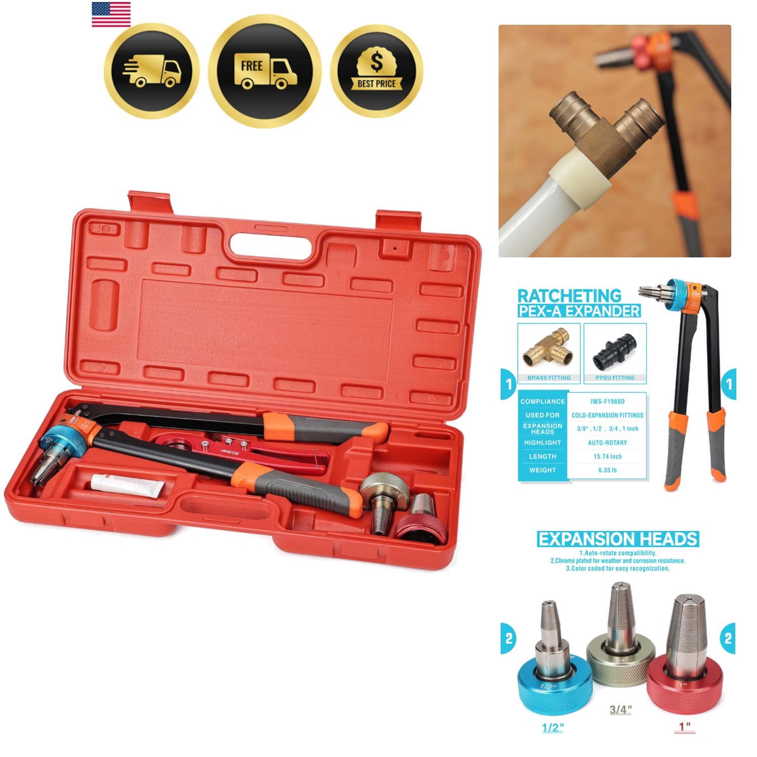 iCrimp Ratcheting Pex Expansion Tool Kit Auto Rotation PEX-a Tubing Expander,...
