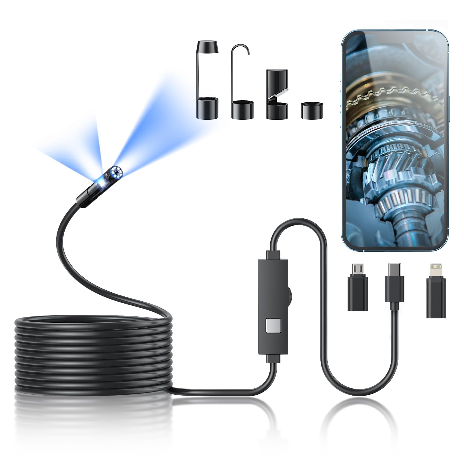 1920P HD Endoscope Camera 16.4ft Semi-Rigid Cable with 8 LED Lights for Android