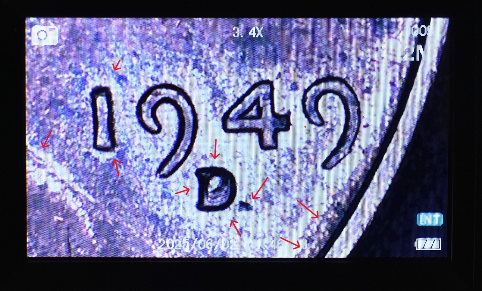 1949 D Penny Error Red Mint State Multi Error Double Die, Cracks Collar Filled D