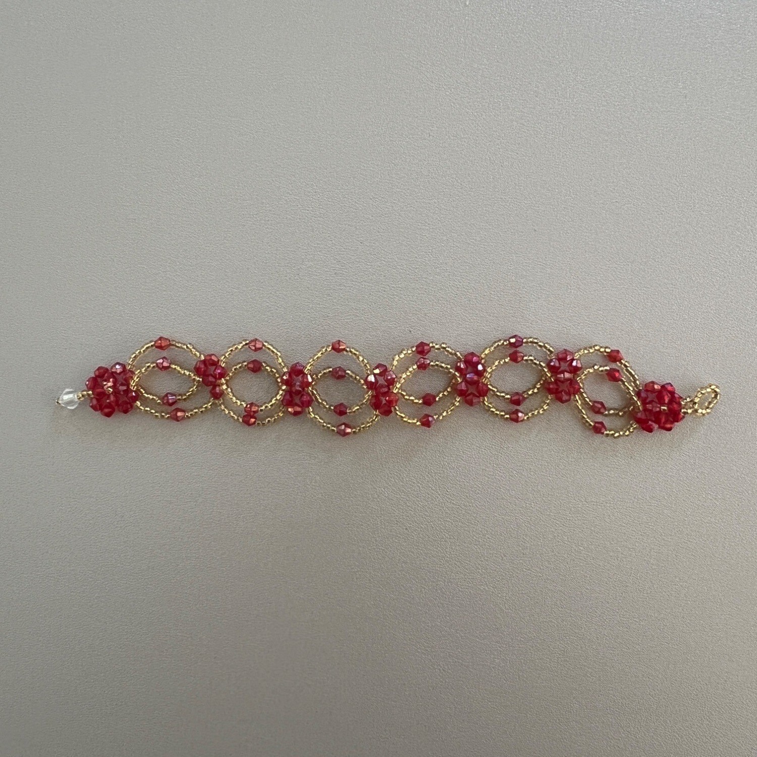 Handmade Gold Seed Bead Red Faceted Beads Woven Bracelet 7"