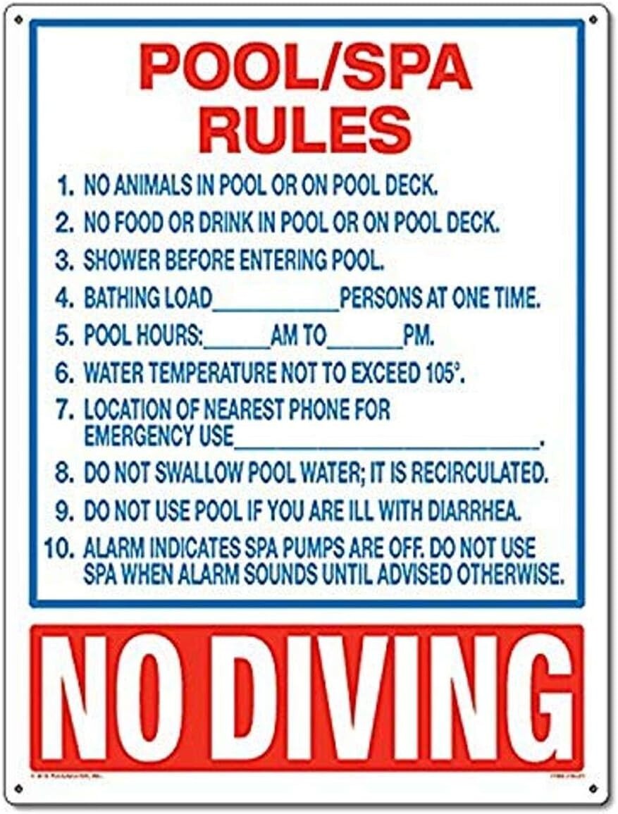 24"x18" Pool Spa Rules Sign for Commercial Pools, FL Compliant, NO DIVING - 2 PK