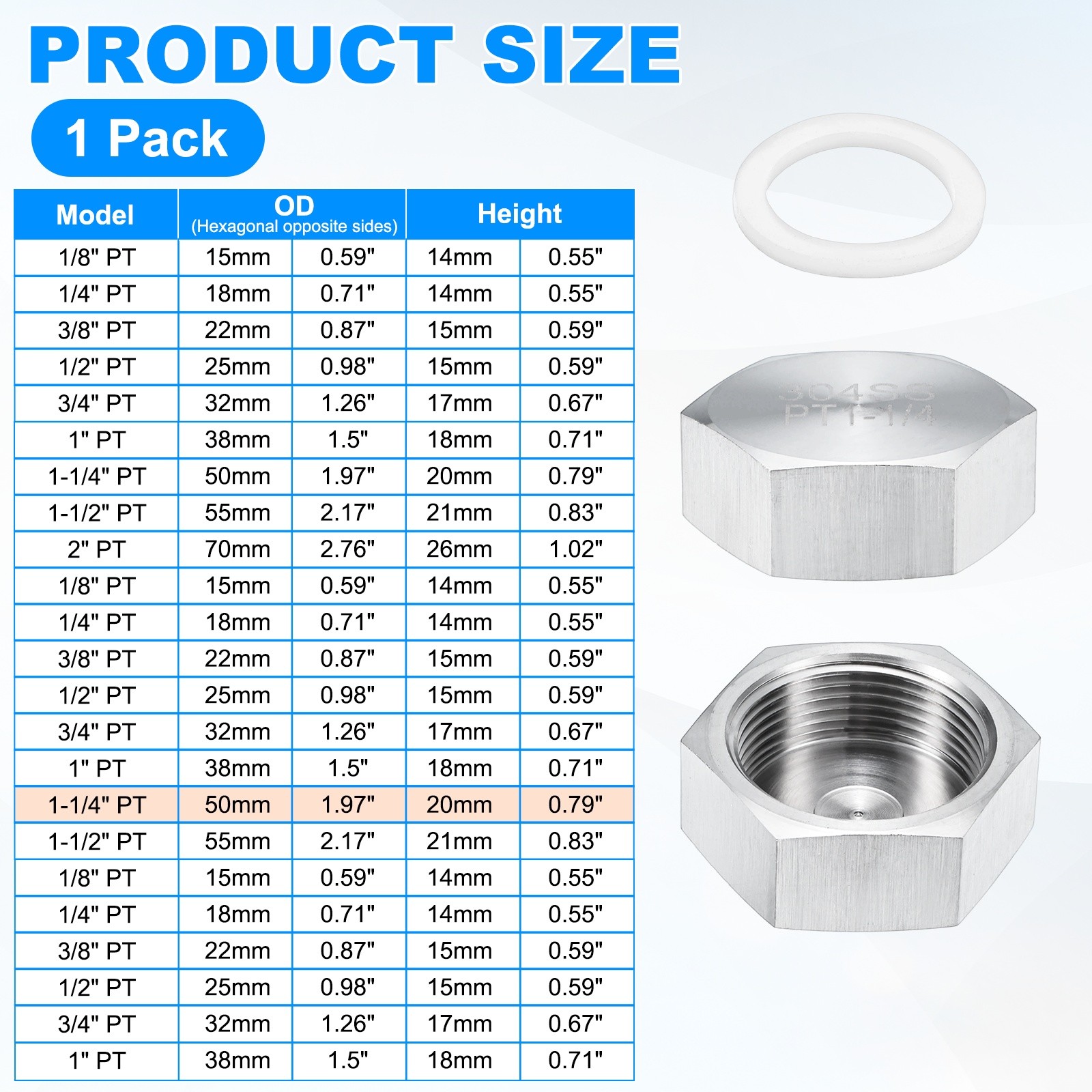 1-Pack Hex End Cap, 1-1/4 Inch PT Female Thread Pipe Fitting