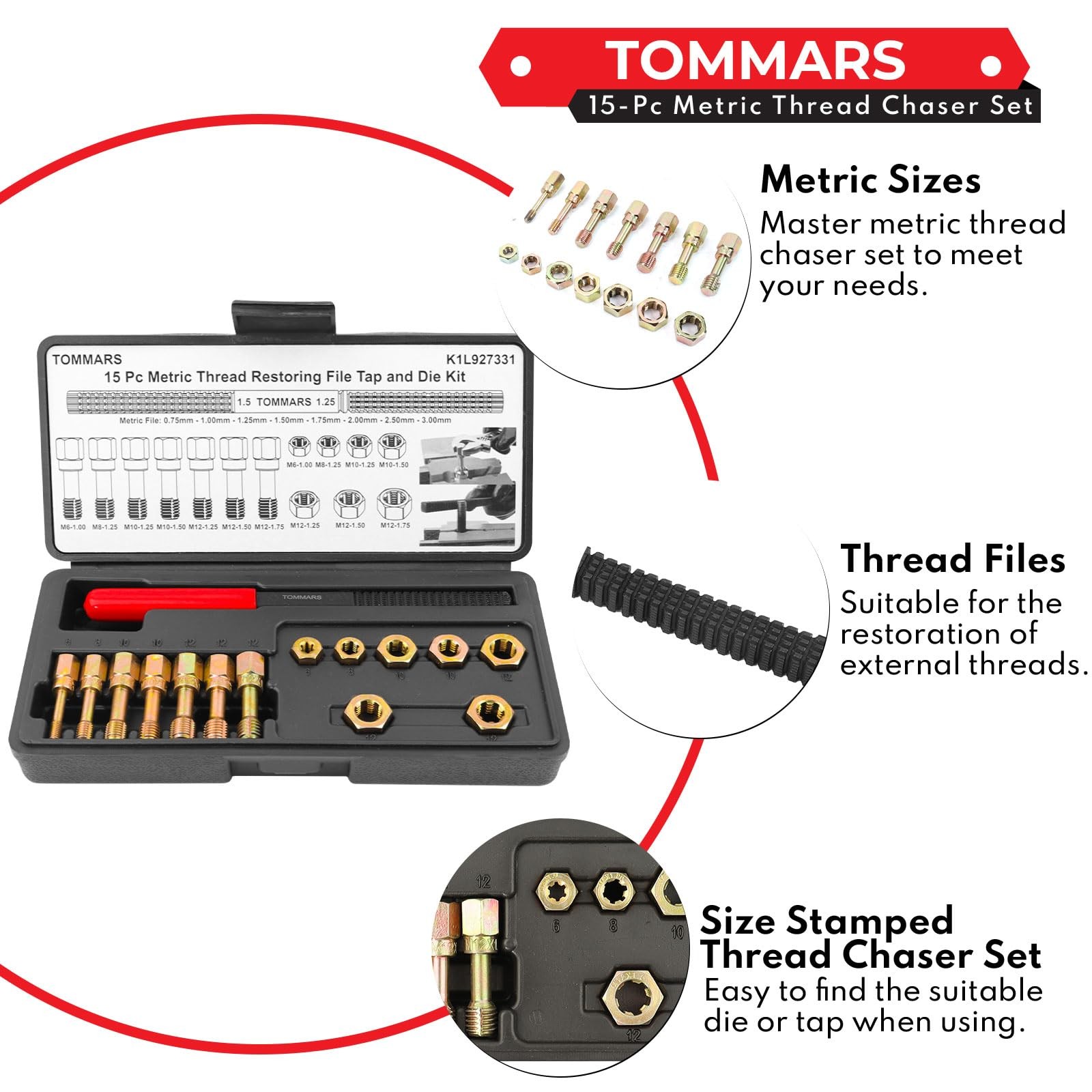 TOMMARS 15-Piece Metric Thread Chaser Set, M6 M8 M10 M12