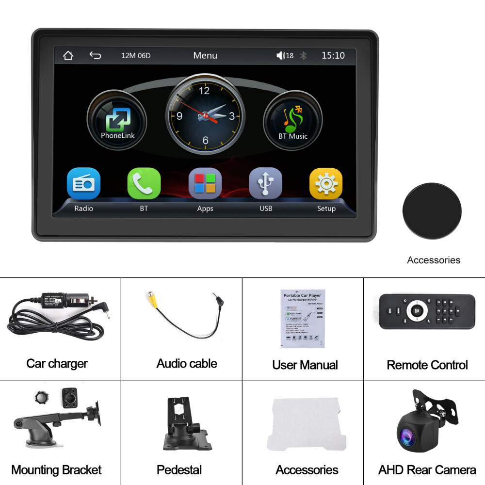 Universal 7" Wireless Touch Car Stereo Apple CarPlay Android Auto Radio + Camera
