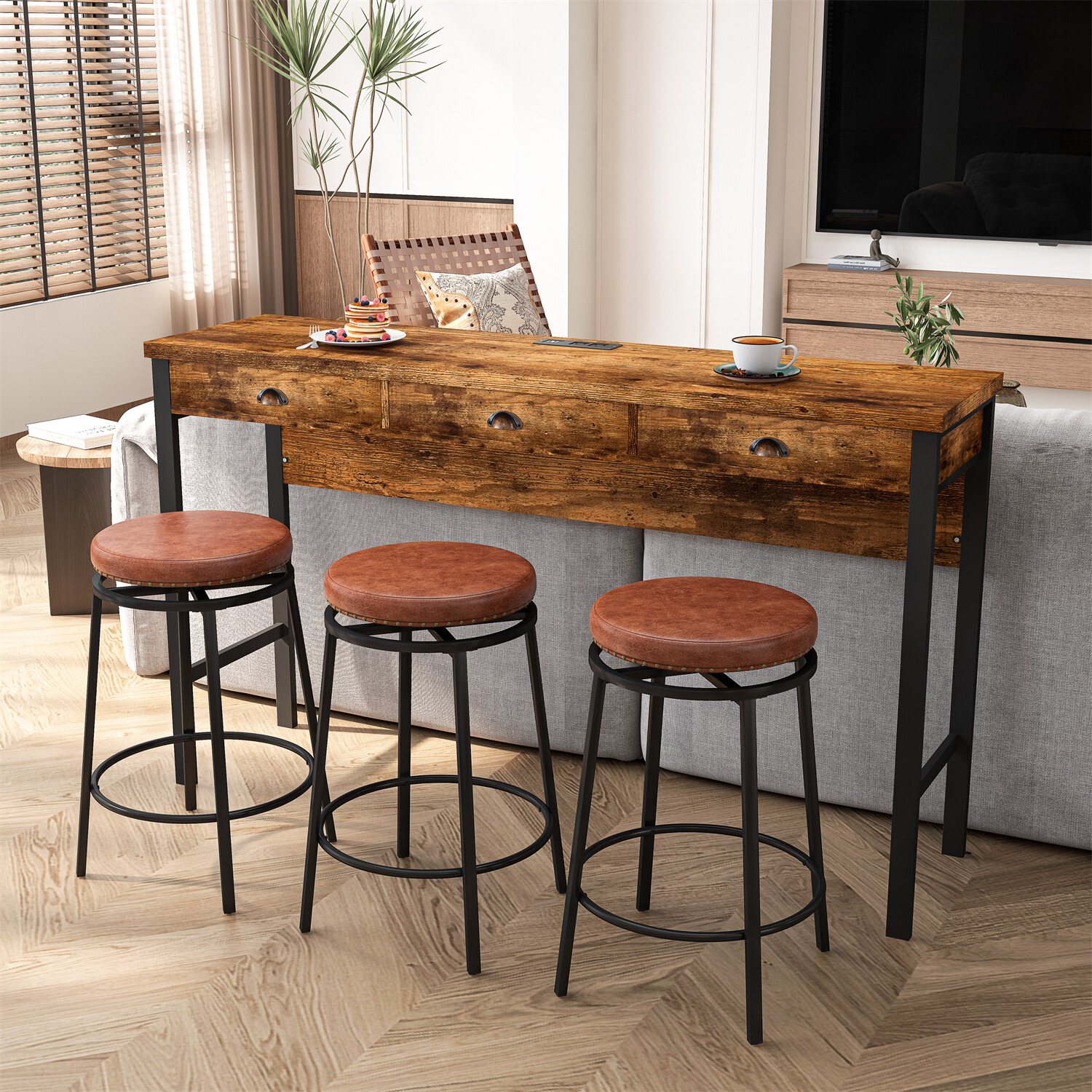 3-Drawer Long Dining Table Set W/ Power Outlets, Bar Kitchen Table Set PU Stools