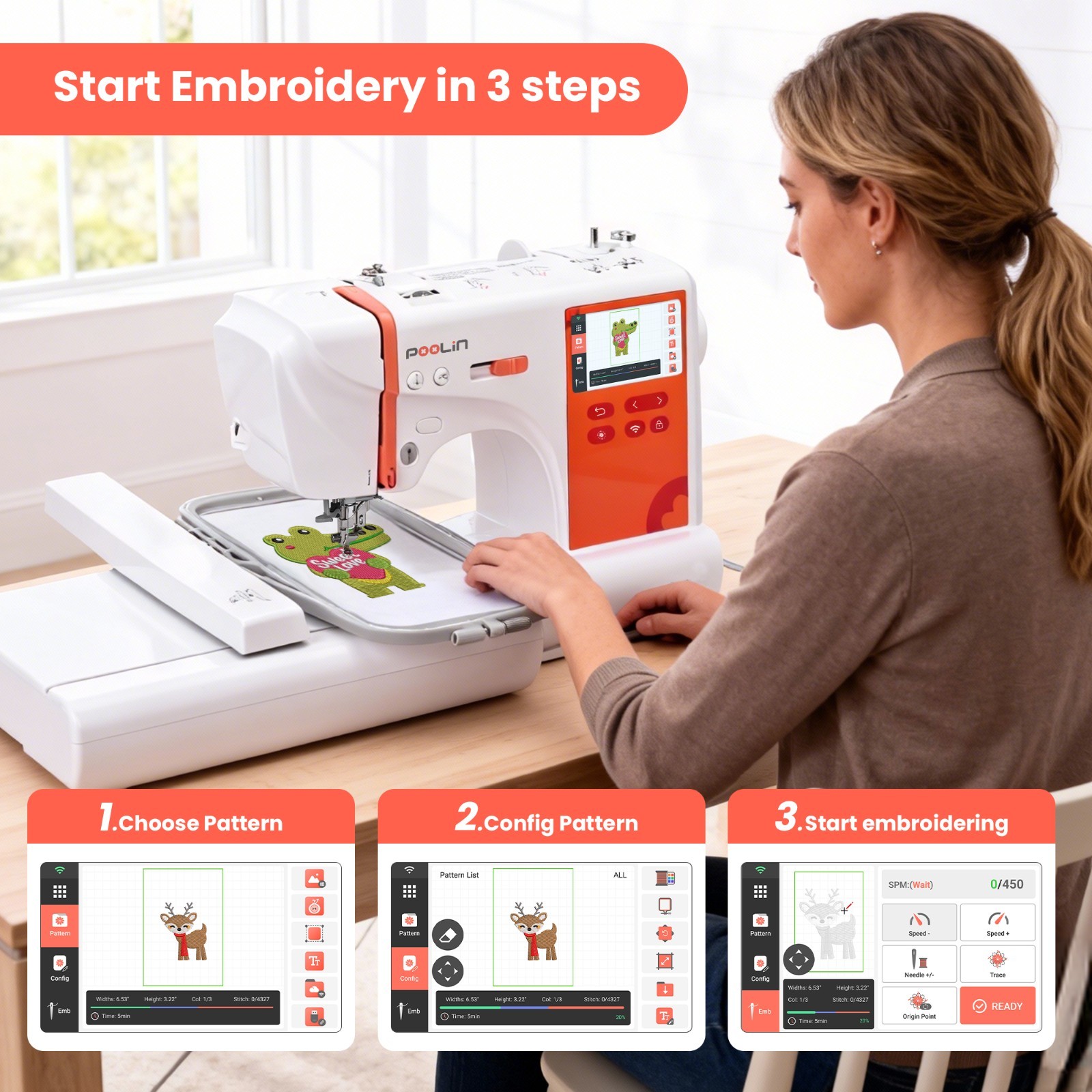 POOLIN EOC03-RE RED Embroidery Machine 4 x 9.25 In Embroidery Area Computerized.