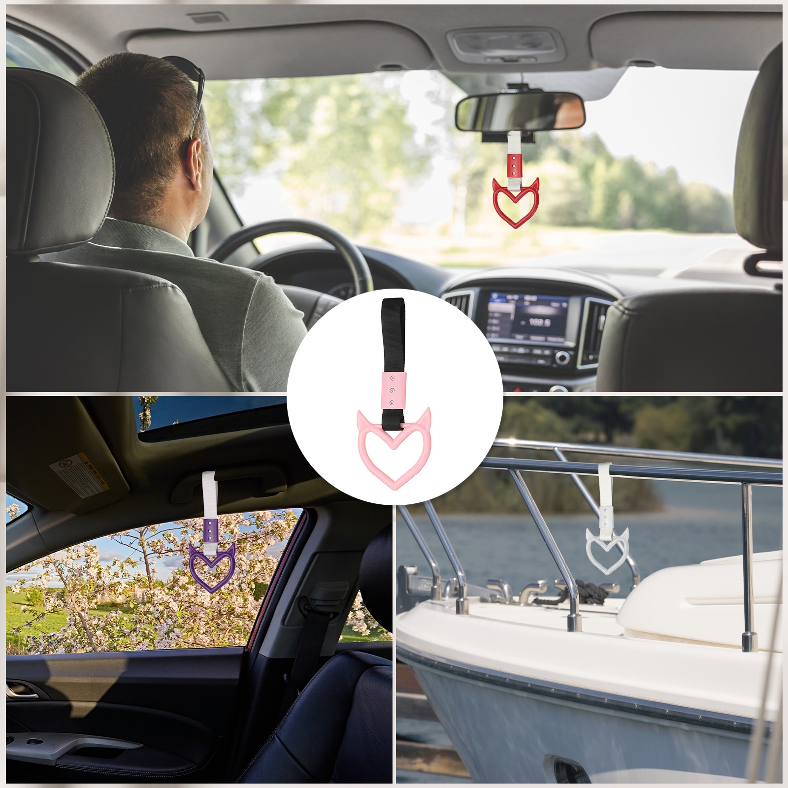 2 Pcs Evil Heart Shaped Car Handle Straps, Pink (Black Strap)