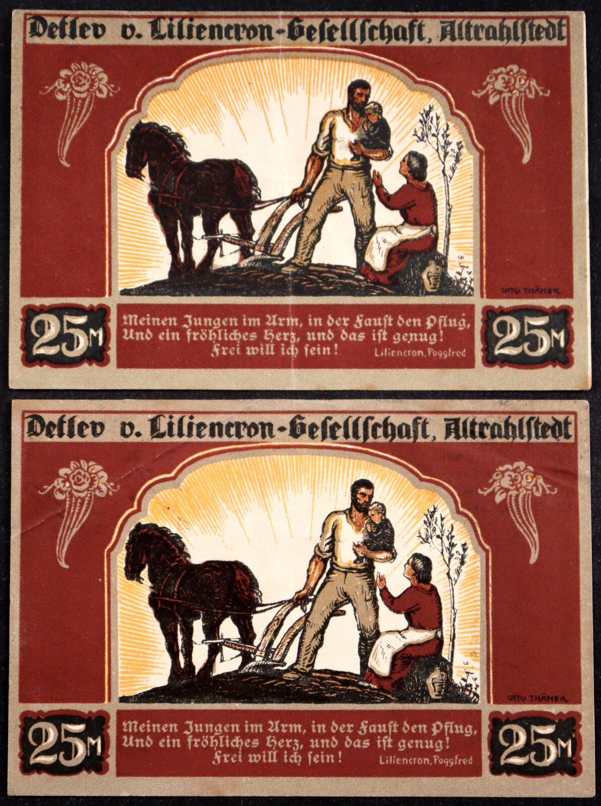 ALTRAHLSTEDT 1922 Black + Blue Overprints 2x25 Mark "Liliencron Society" Notgeld