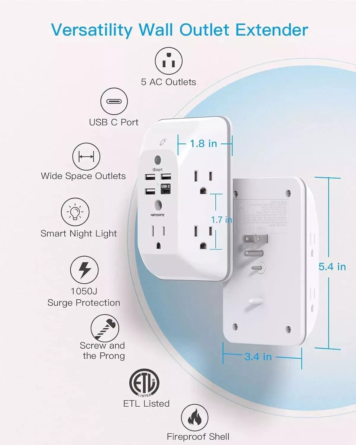 5 Outlet Extender Surge Protector Multi Plug Wall Adapter USB Charger Ports with