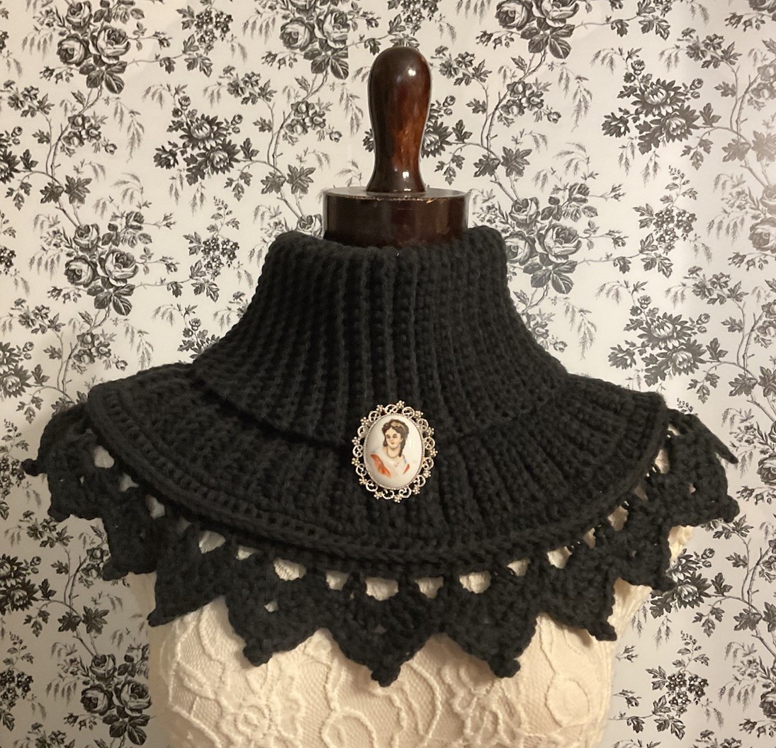 Victorian Style Neck Warmer Hand Crochet & Limoges Antique Cameo Porcelain