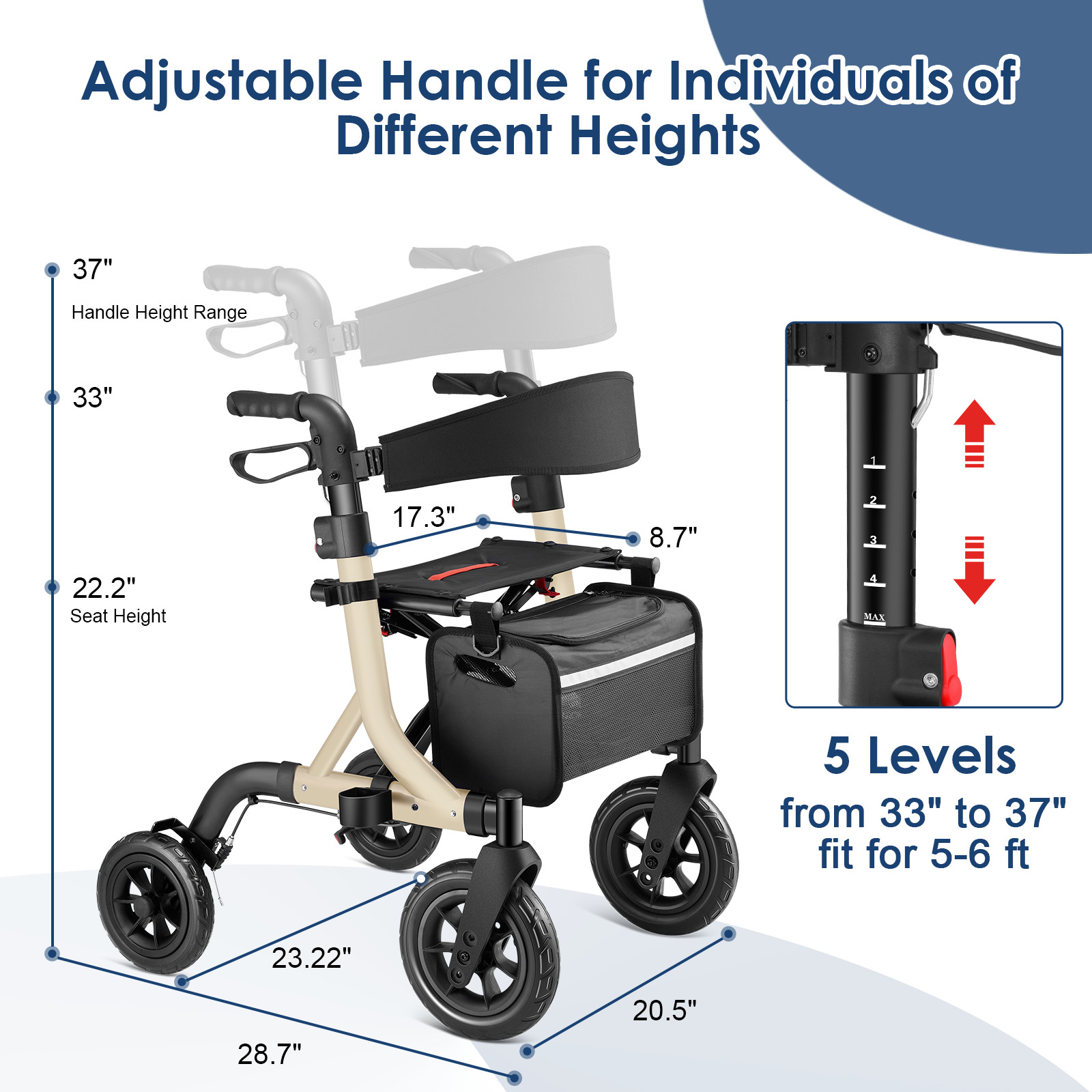 Folding Rollator Rolling Walker w/ Extra Wide Backrest All-Terrain 10"Wheels NEW