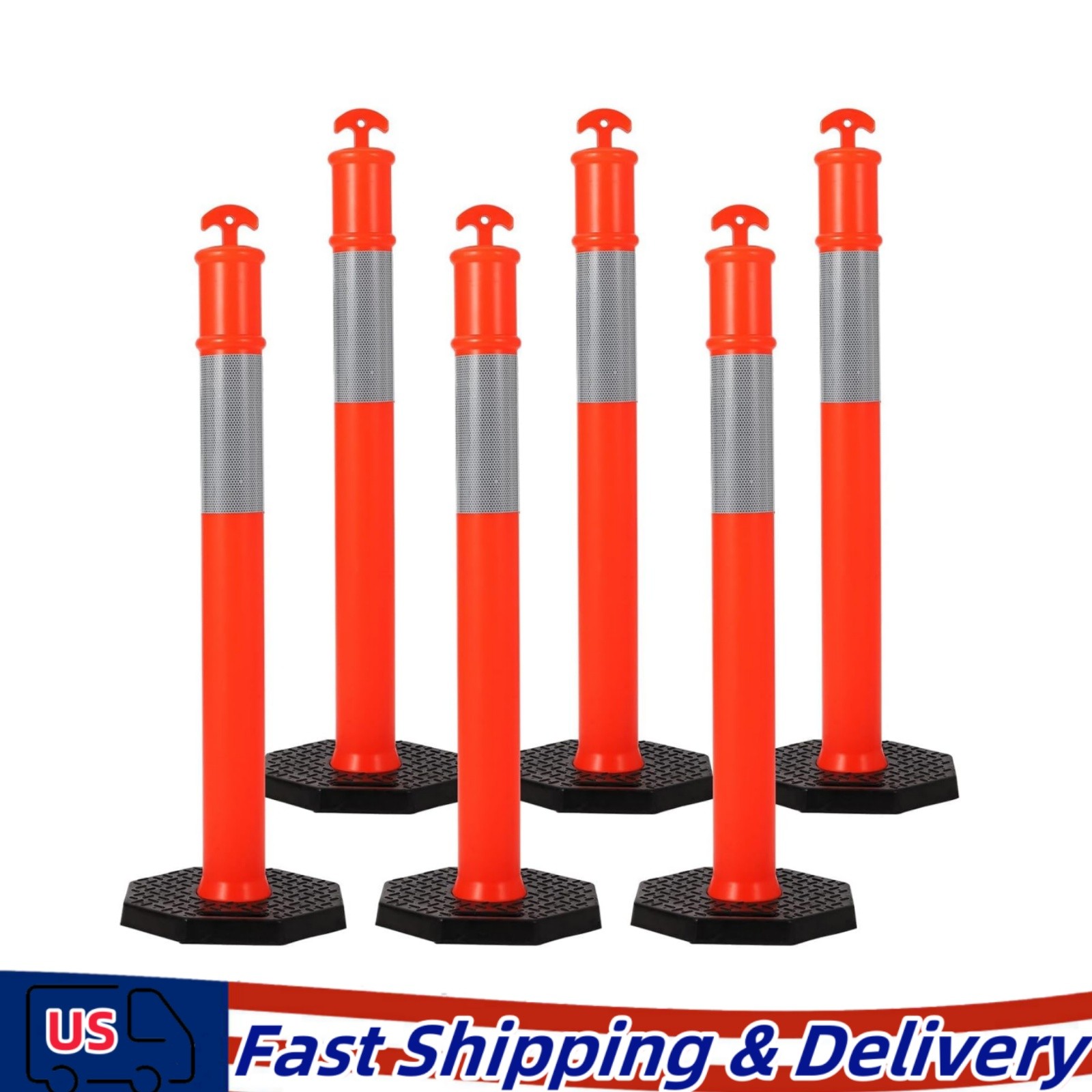 45 INCH RED SAFETY TRAFFIC CONES BLACK BASE RELFECTIVE COLLARS (6 PACK)
