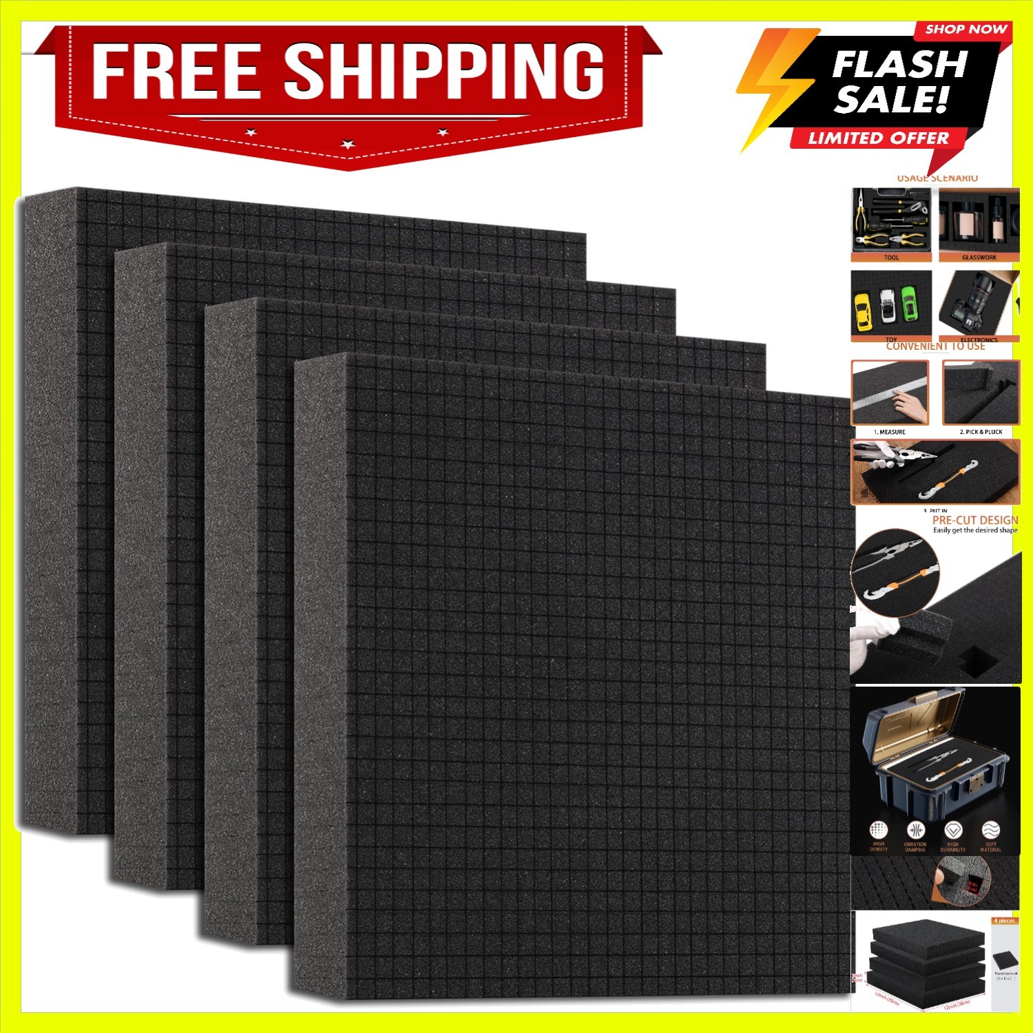 Durable Black Polyurethane Foam Sheets 12x12x2 - 4 Pack for Custom Layouts
