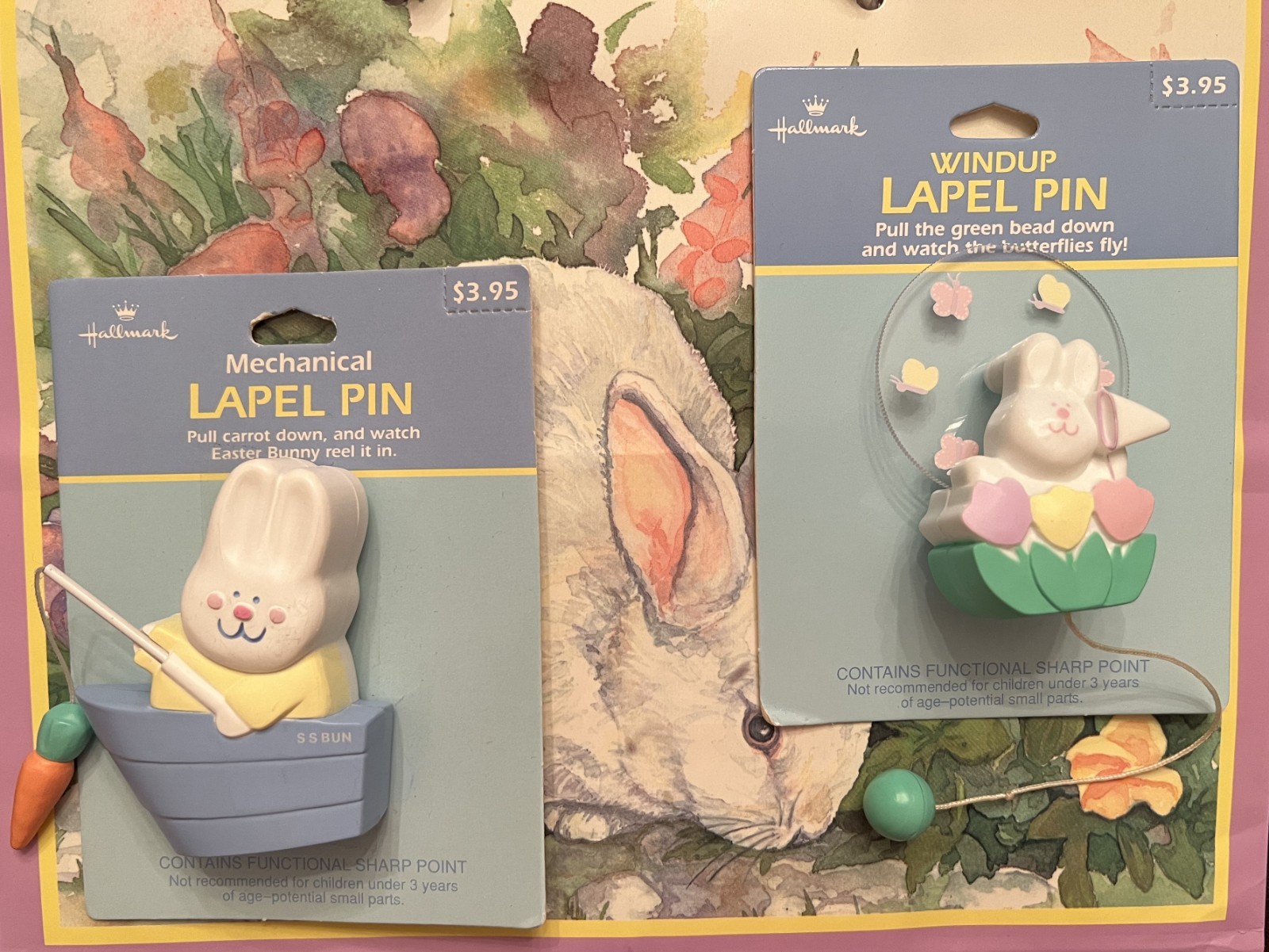 Hallmark 1989 Lapel Pin Easter Motion Jewelry Rabbit Fishing & Catching Buterfly